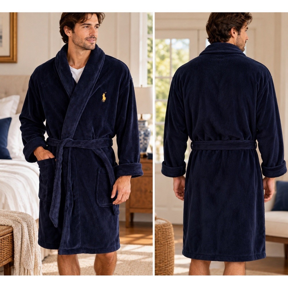 Polo Ralph Lauren Men Robe S M Navy Plush Gold Pony Shawl Collar Belted Short